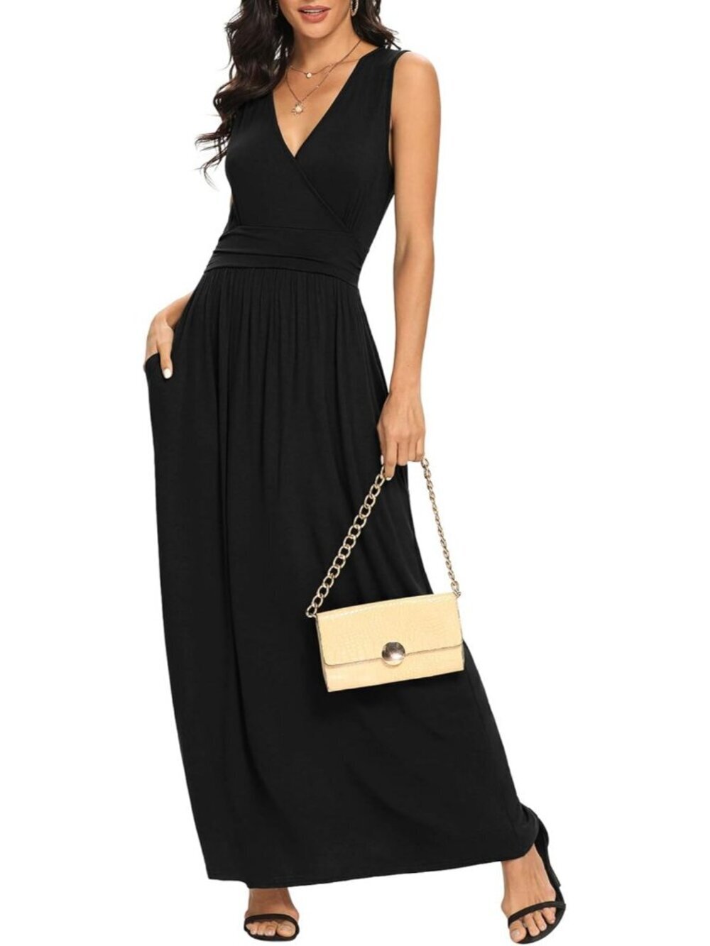 Lilbetter Women's Black Sleeveless Deep Neck Loose Plain Long Maxi Casual Dress